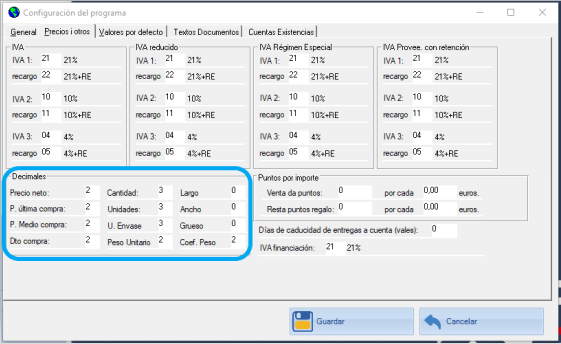 Com puc canviar els decimals de preu net, preu última compra, preu mig de compra, dte. compra/venda, quantitat, unitats, unitat envàs, pes unitari, llarg, ample, gruix, coeficient pes?