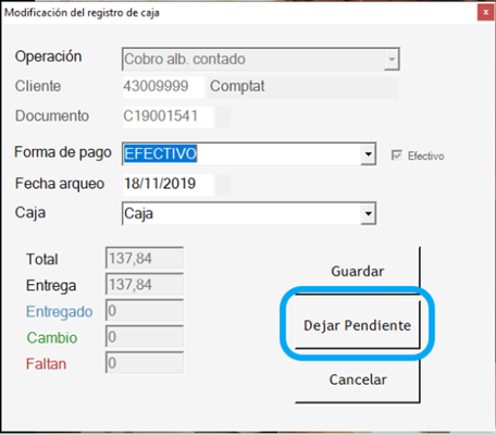 Com puc deixar pendent un moviment de caixa que prèviament hem entrat com cobrat?