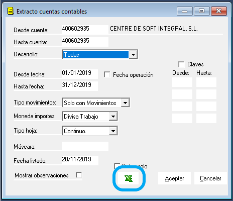 Com puc exportar a excel l’extracte d’un compte comptable?