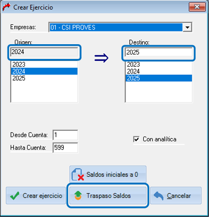 Creación nuevo ejercicio 2025 en Praxis