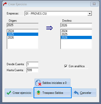 Creación nuevo ejercicio 2026 en Praxis