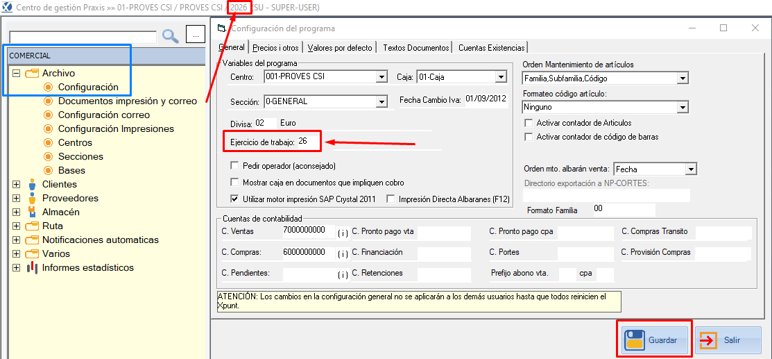 Creación nuevo ejercicio 2026 en Praxis