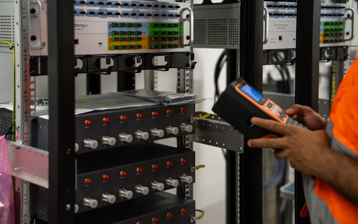 Tècnic revisant equips instal·lats en un armari rack