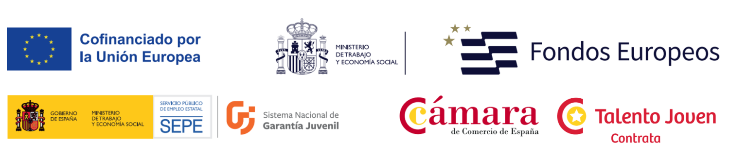 Cofinanciado por la Unión Europea · Ministerio de Trabajo y Economía Social · Fondos Europeos · SEPE · Sistema Nacional de Garantía Juvenil · Cámara de Comercio de España · Programa Talento Joven
