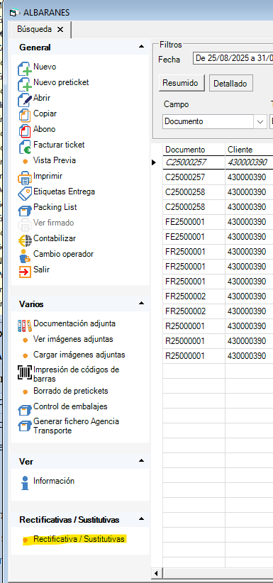 Rectificativas de albaranes al contado